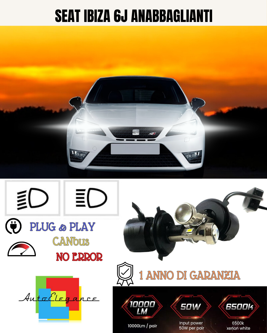 💕 KIT BI-LED H4 PER SEAT IBIZA 6J 18000 LUMEN 6000K 💕