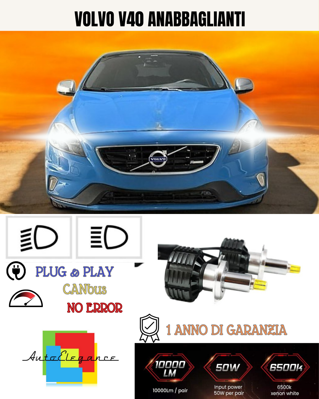 💕 KIT LED H7 PER VOLVO V40 BIANCO 9600 LUMEN 6000K ANABBAGLIANTI 💕