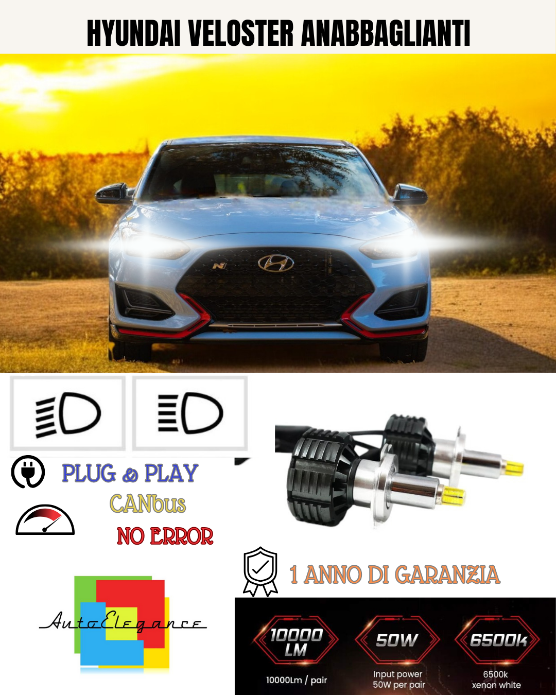 💕 KIT LED H7 PER HYUNDAI VELOSTER BIANCO 9600 LUMEN 6000K ANABBAGLIANTI 💕