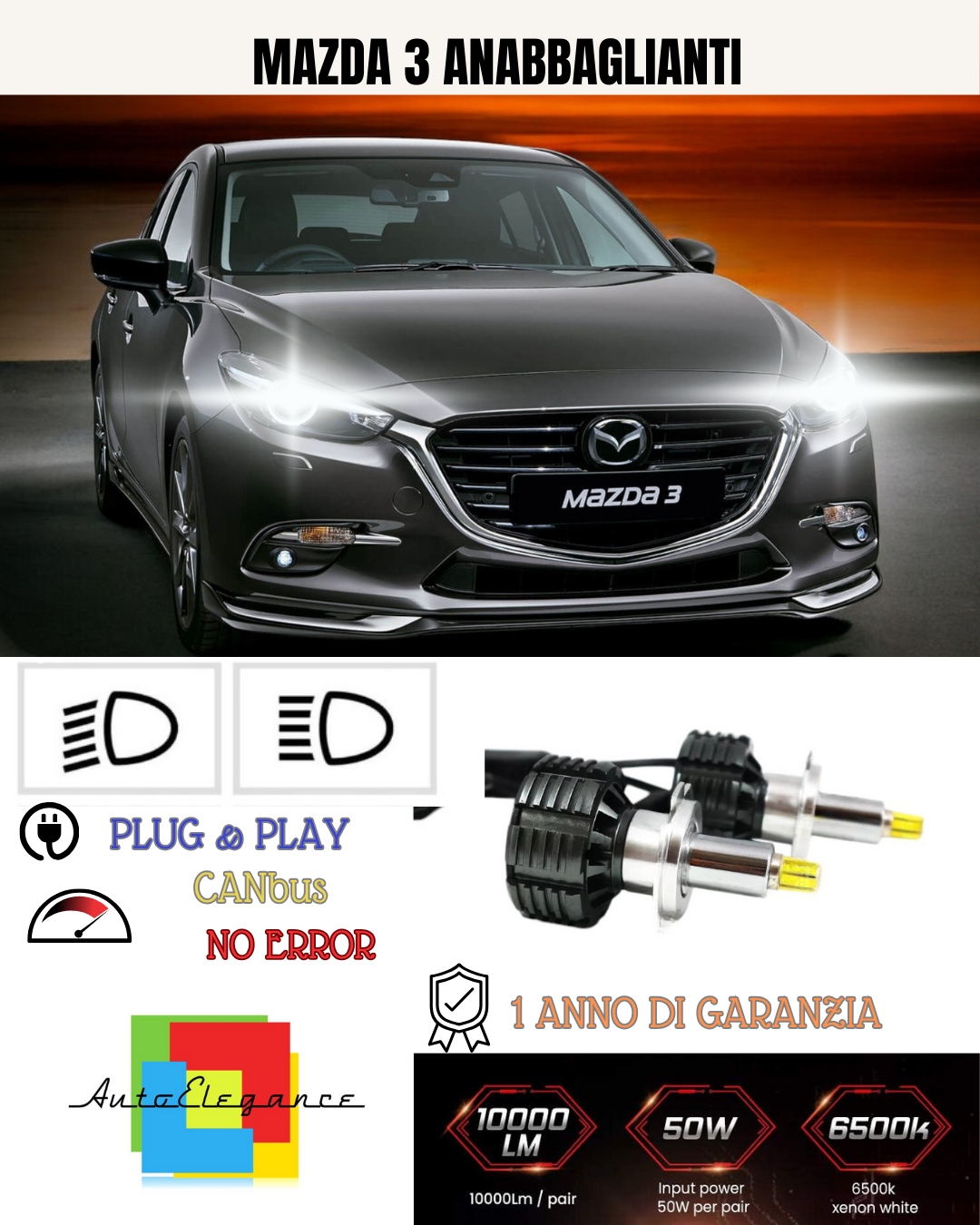 💕 KIT LED H7 PER MAZDA 3 BK BIANCO 9600 LUMEN 6000K ANABBAGLIANTI 💕