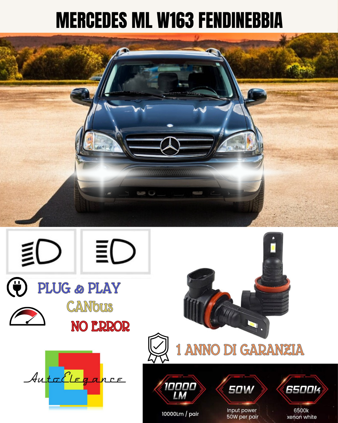 💕 KIT LED H8 MERCEDES ML W163 FENDINEBBIA 6000K BIANCO 6000 LUMEN 💕