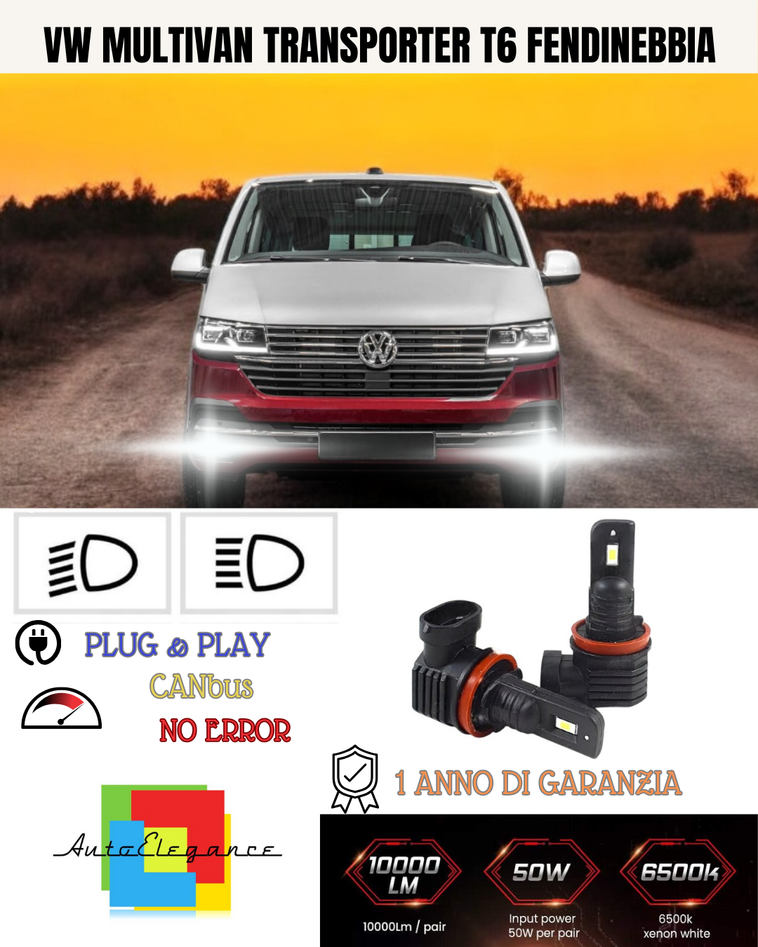 💕 KIT LED H11 VW MULTIVAN TRANSPORTER T6 FENDINEBBIA 6000K BIANCO 6000 LUMEN 💕