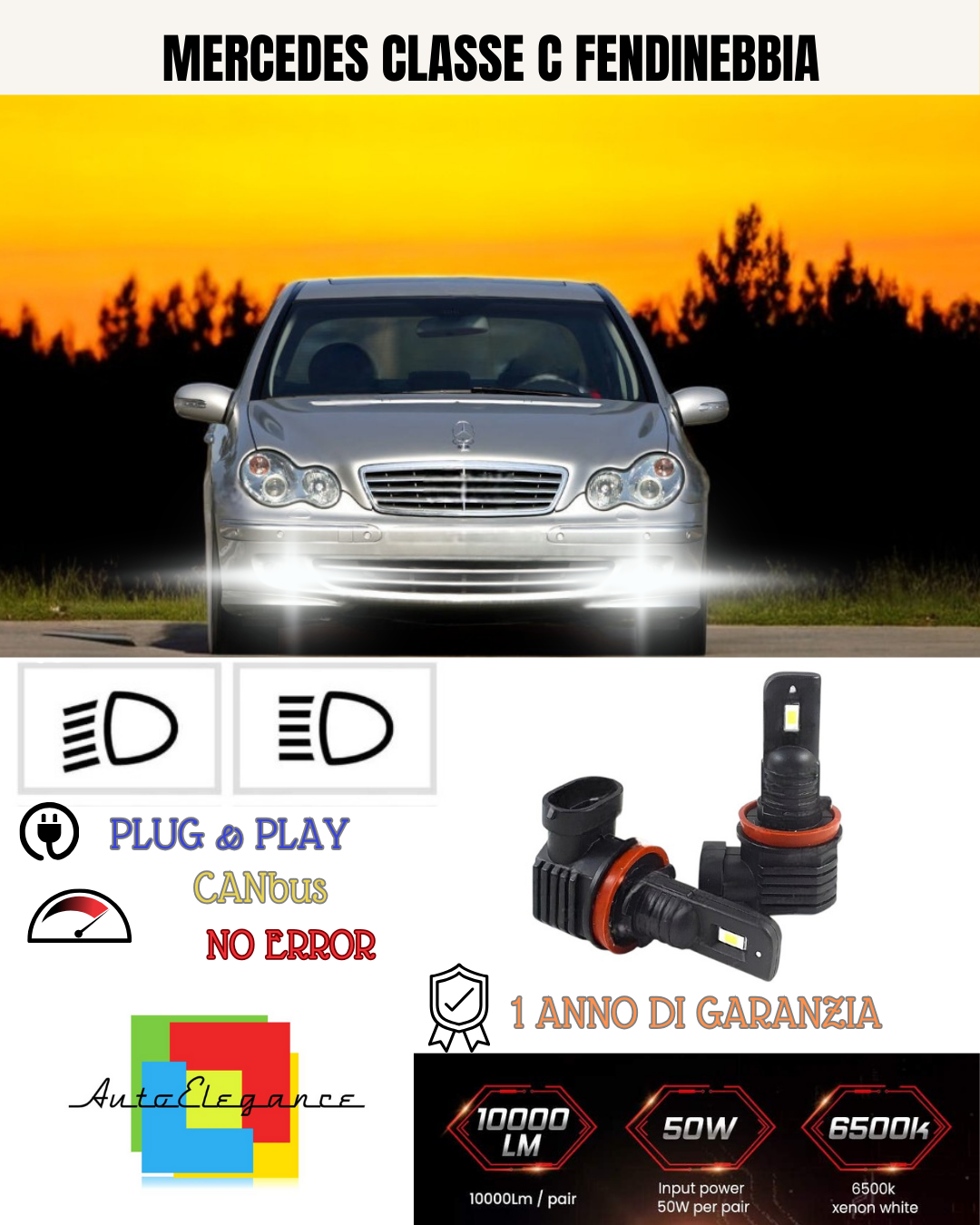 💕 KIT LED HB4 MERCEDES CLASSE C W203 FENDINEBBIA 6000K BIANCO 6000 LUMEN 💕