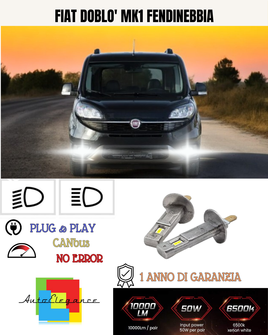 💕 KIT LED H1 FIAT DOBLO' MK1 FENDINEBBIA 6000K BIANCO 6000 LUMEN 💕