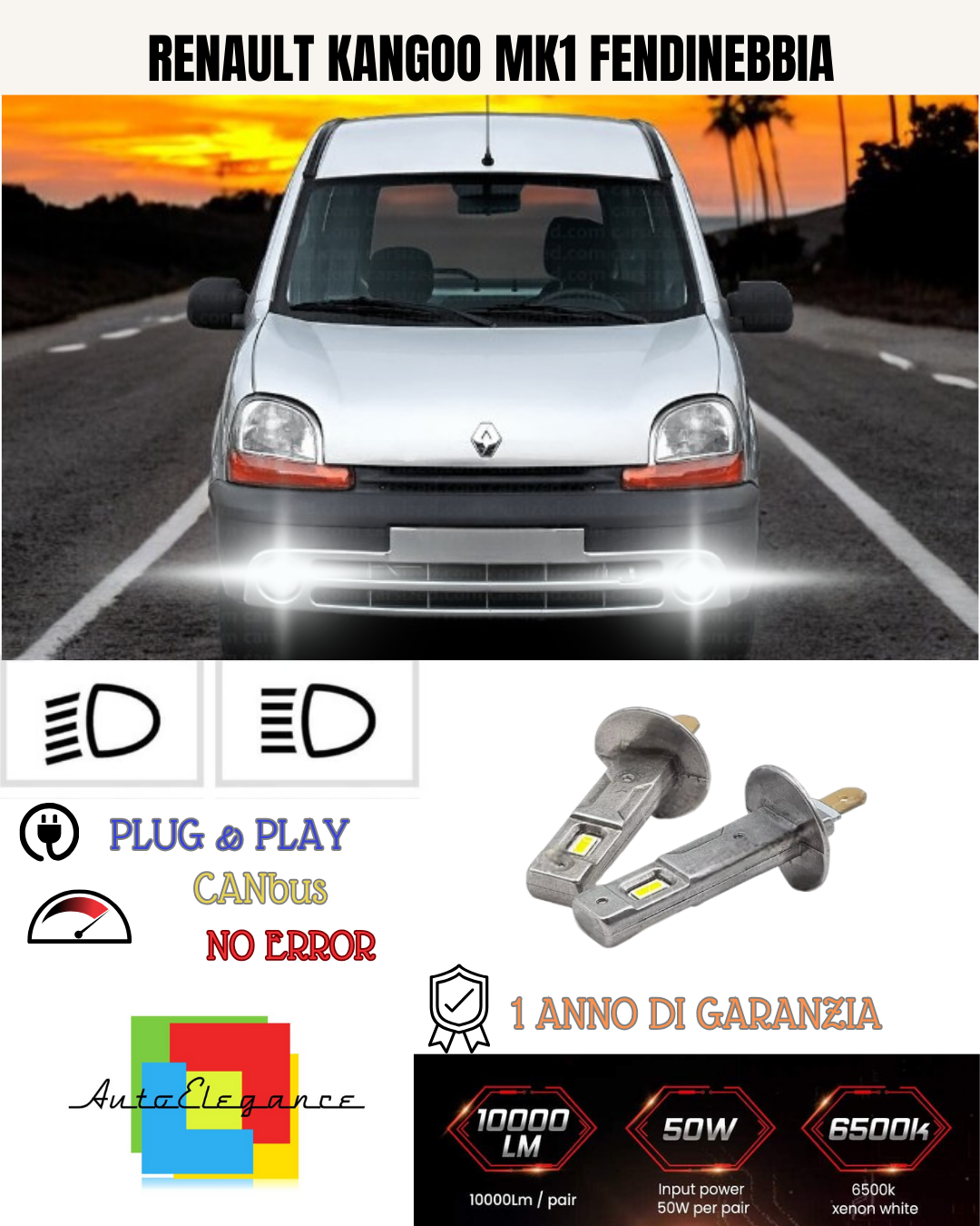 💕 KIT LED H1 RENAULT KANGOO MK1 FENDINEBBIA 6000K BIANCO 6000 LUMEN 💕