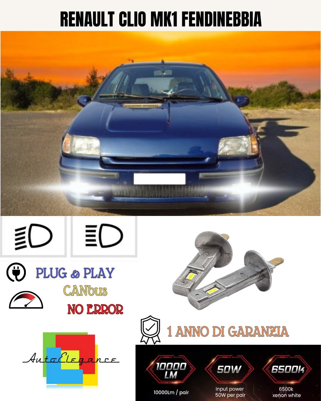 💕 KIT LED H1 RENAULT CLIO MK1 FENDINEBBIA 6000K BIANCO 6000 LUMEN 💕