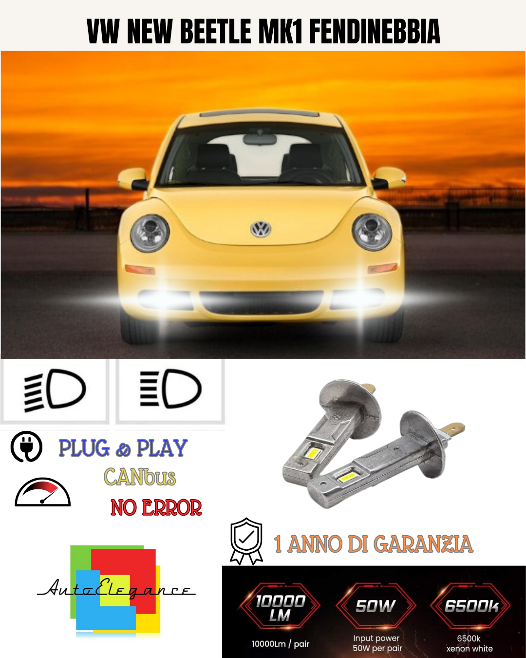 💕 KIT LED H1 VW NEW BEETLE MK1 FENDINEBBIA 6000K BIANCO 6000 LUMEN 💕