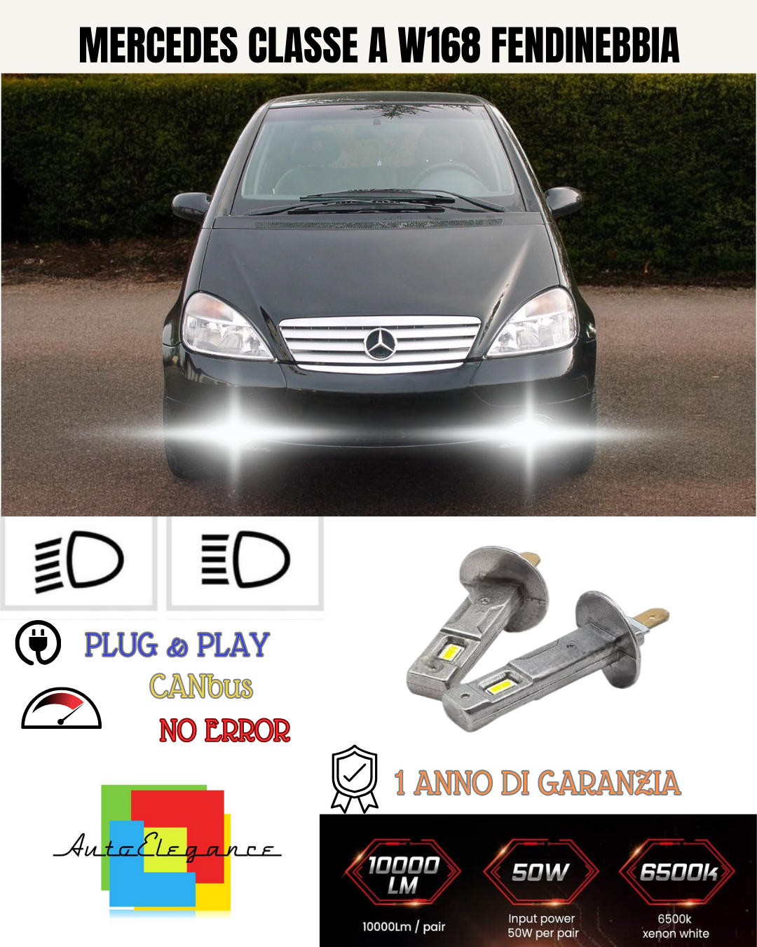 💕 KIT LED H1 MERCEDES CLASSE A W168 FENDINEBBIA 6000K BIANCO 6000 LUMEN 💕