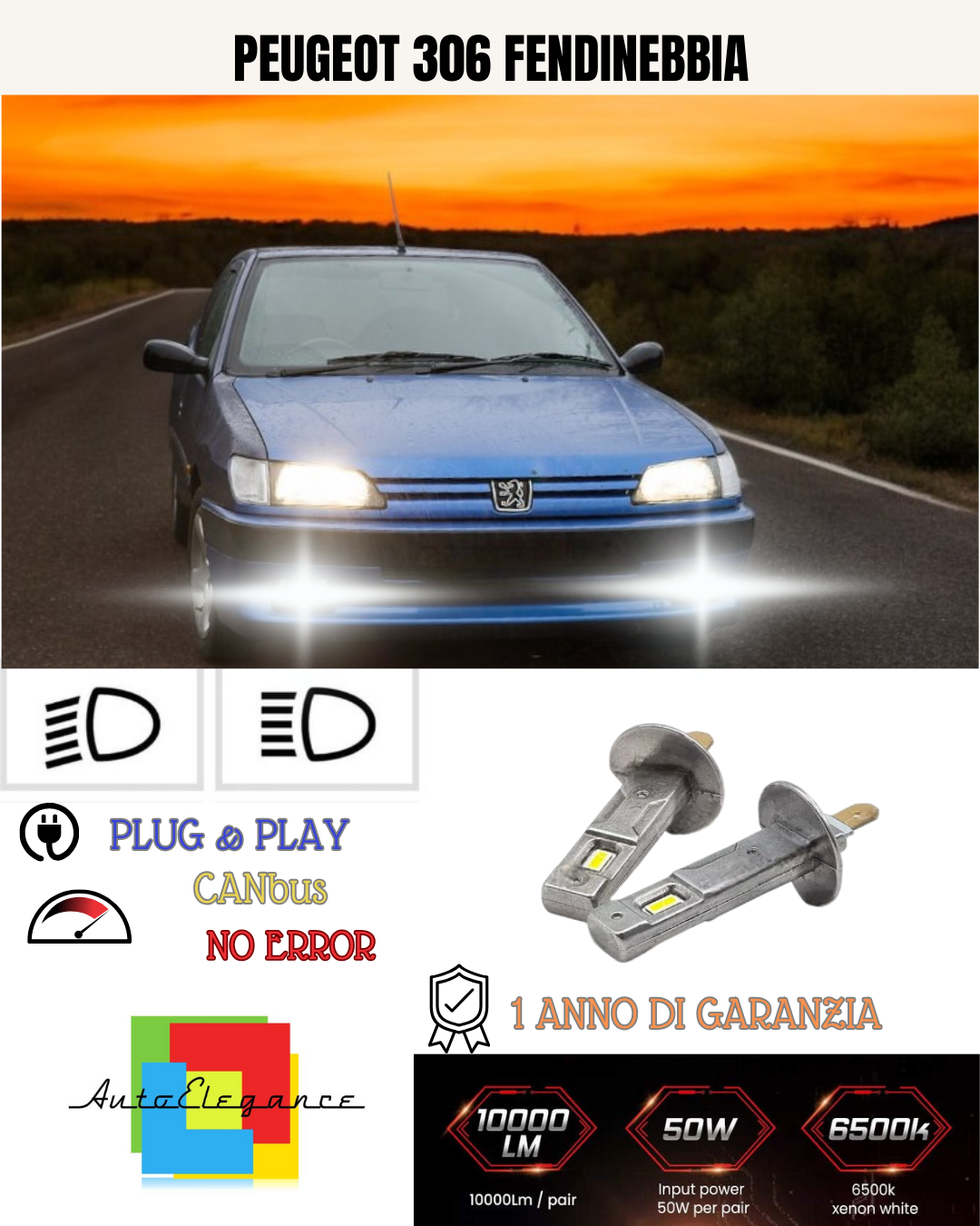 💕 KIT LED H1 PEUGEOT 306 FENDINEBBIA 6000K BIANCO 6000 LUMEN 💕