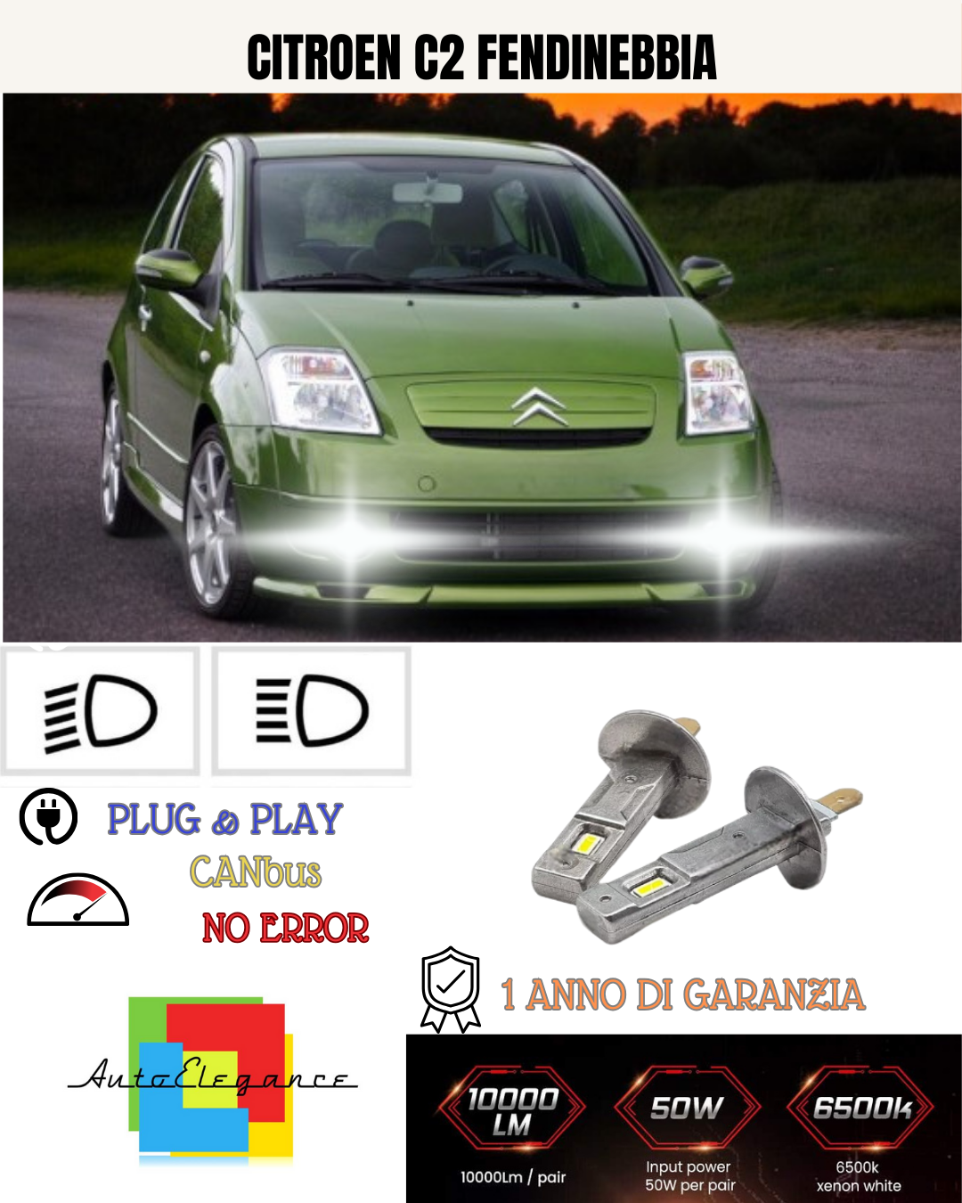 💕 KIT LED H1 CITROEN C2 MK1 FENDINEBBIA 6000K BIANCO 6000 LUMEN 💕
