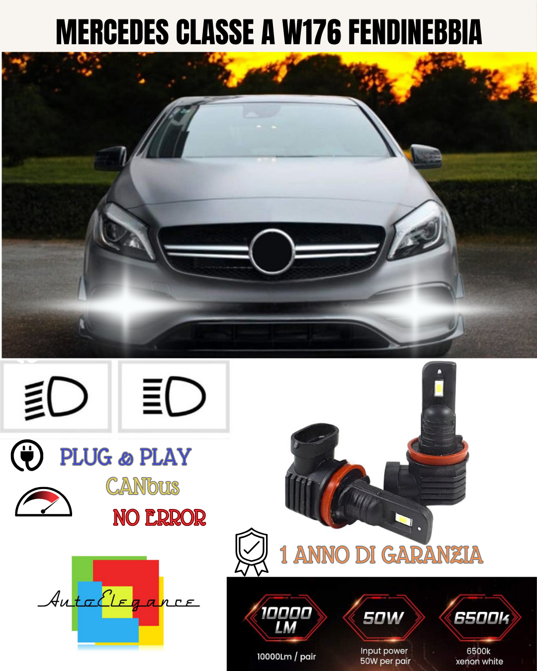💕 KIT LED H11 MERCEDES CLASSE A W176 FENDINEBBIA 6000K BIANCO 6000 LUMEN 💕
