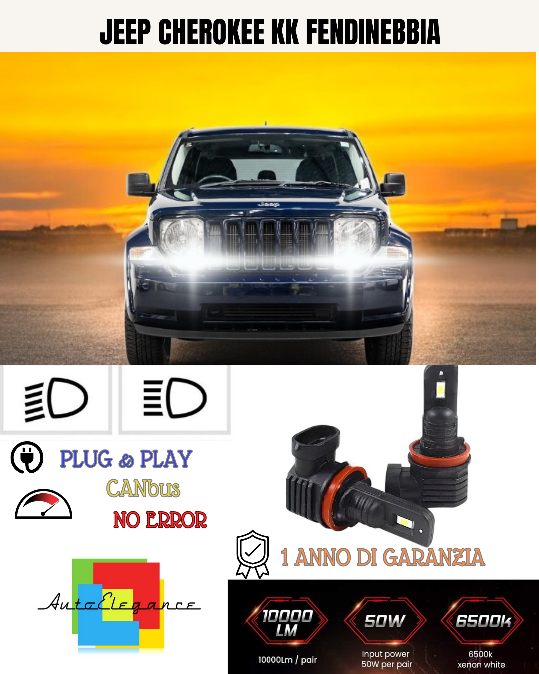 💕 KIT LED H10 JEEP CHEROKEE KK FENDINEBBIA 6000K BIANCO 6000 LUMEN 💕