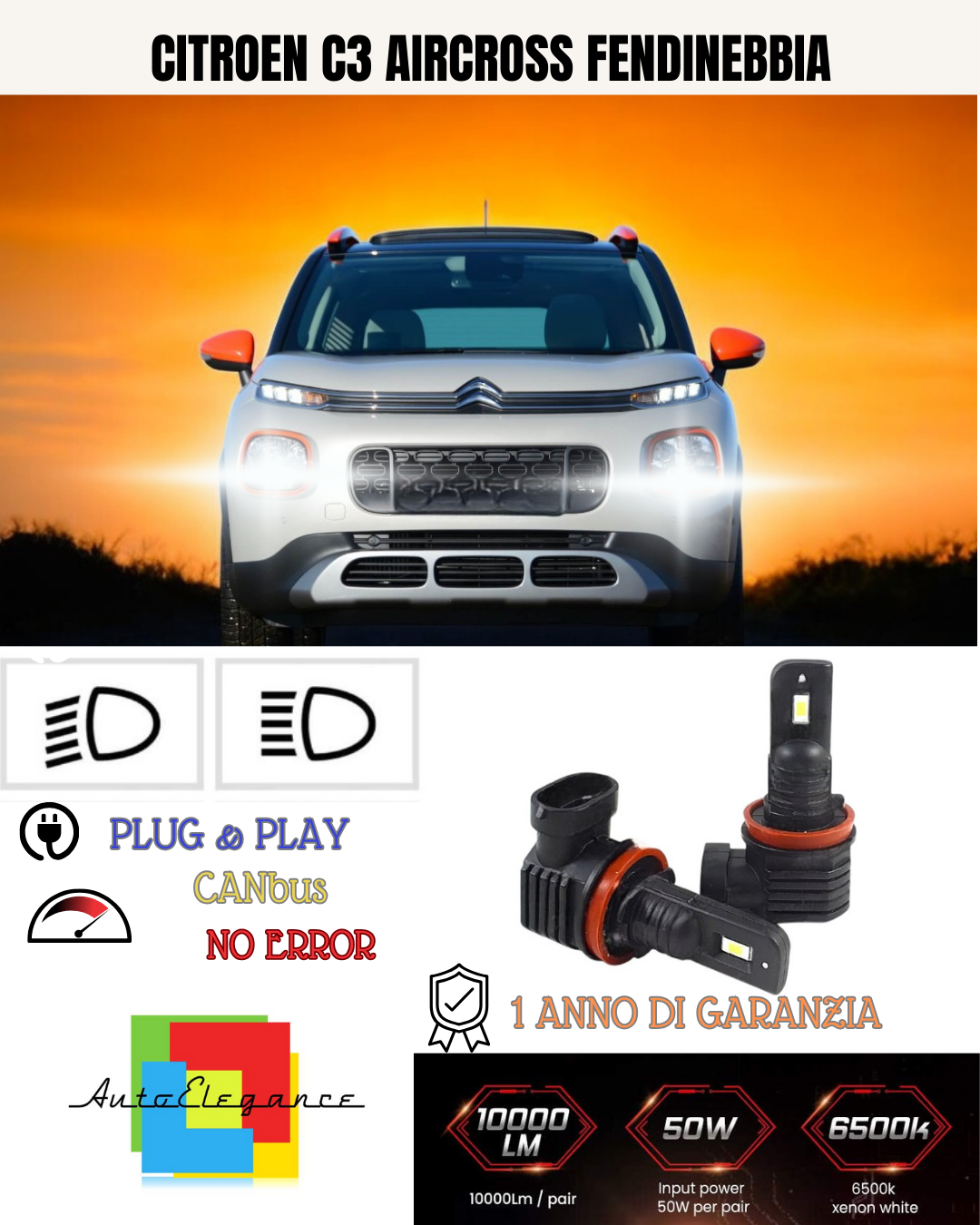 💕 KIT LED H8 CITROEN C3 AIRCROSS FENDINEBBIA 6000K BIANCO 6000 LUMEN 💕