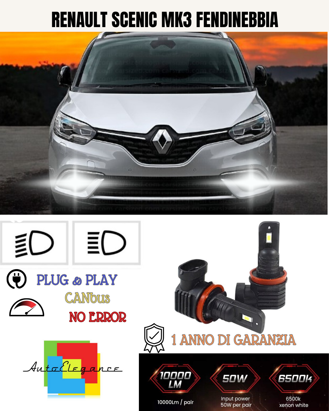 💕 KIT LED H11 RENAULT SCENIC MK3 FENDINEBBIA 6000K BIANCO 6000 LUMEN 💕