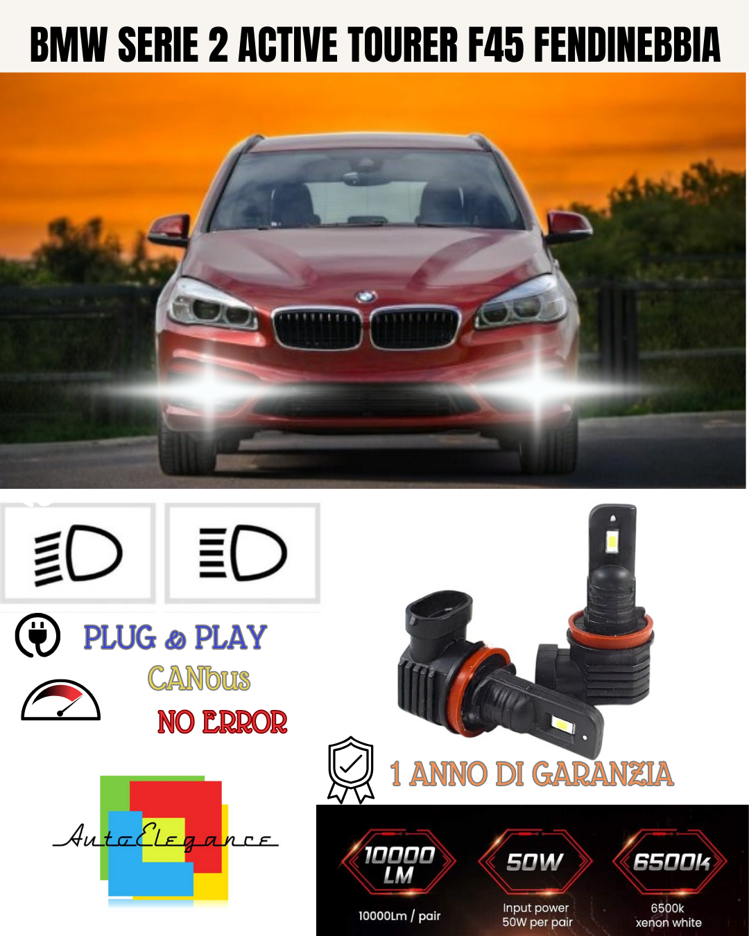 💕 KIT LED H8 BMW SERIE 2 F45 FENDINEBBIA 6000K BIANCO 6000 LUMEN 💕