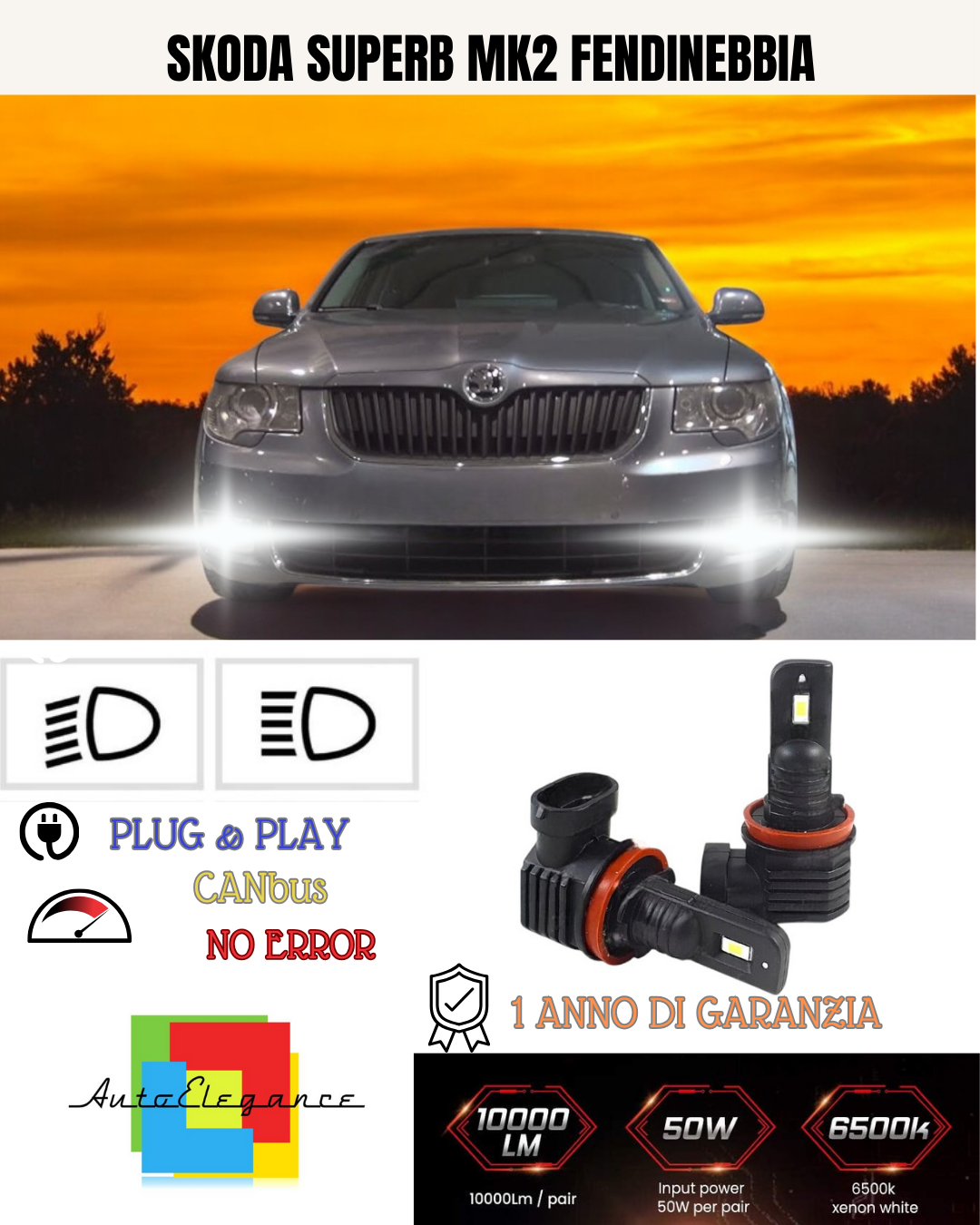 💕 KIT LED H8 SKODA SUPERB MK2 FENDINEBBIA 6000K BIANCO 6000 LUMEN 💕