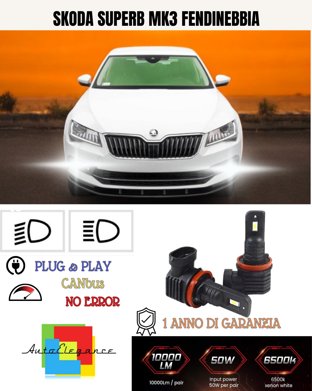 💕 KIT LED H8 SKODA SUPERB MK3 FENDINEBBIA 6000K BIANCO 6000 LUMEN 💕