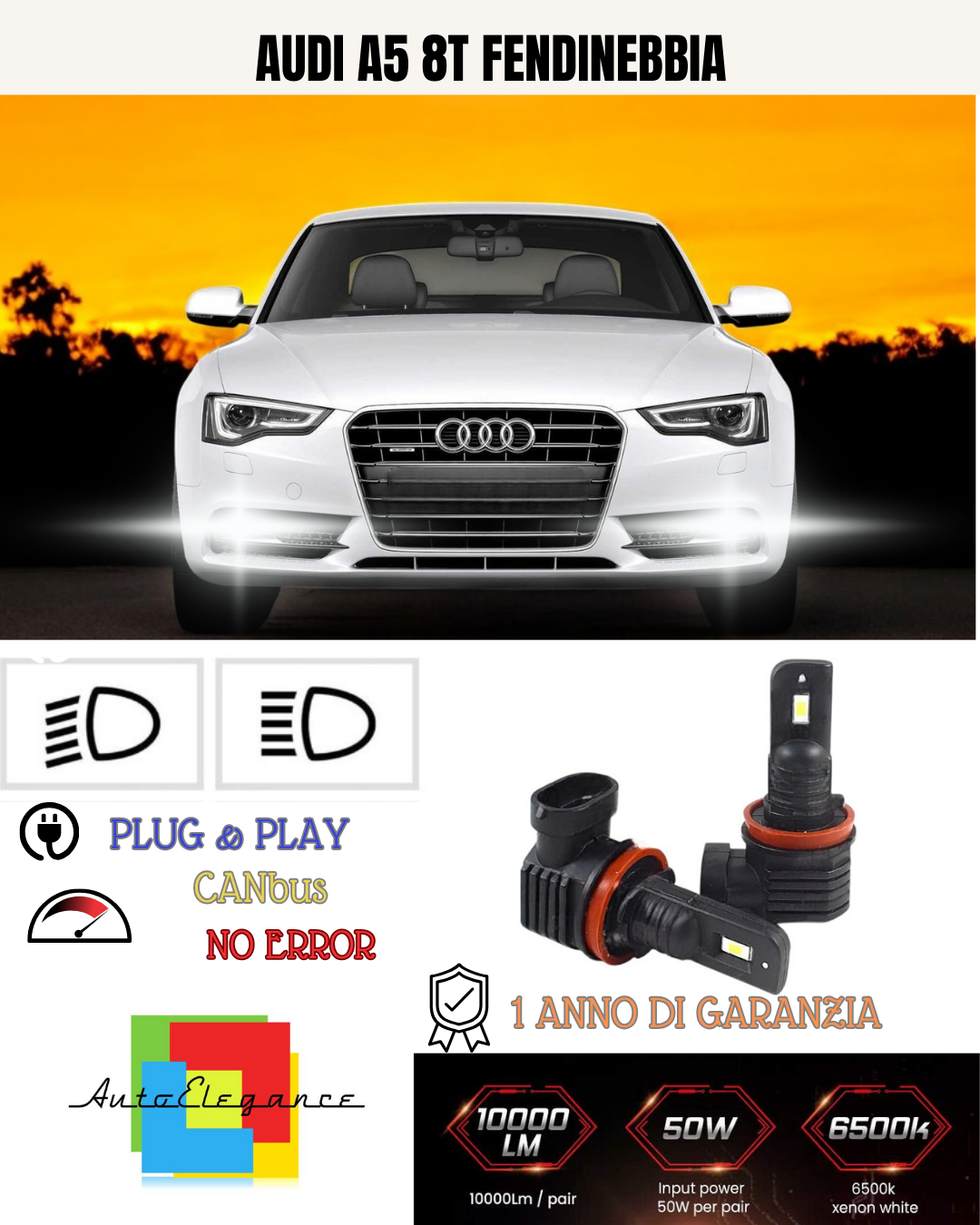 💕 KIT LED H8 AUDI A5 8T FENDINEBBIA 6000K BIANCO 6000 LUMEN 💕