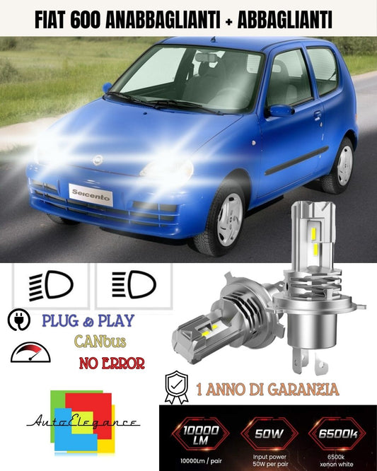 Kit Luci LED H4 Per FIAT 600 d' Epoca ANABBAGLANTI + ABBAGLIANTI CANBUS