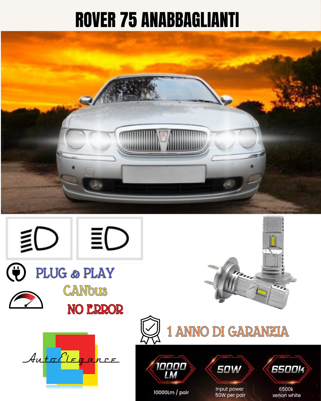 💕 FULL LED KIT ROVER 75 H7 6000K WHITE 6000 LUMEN LOW BEAM 💕