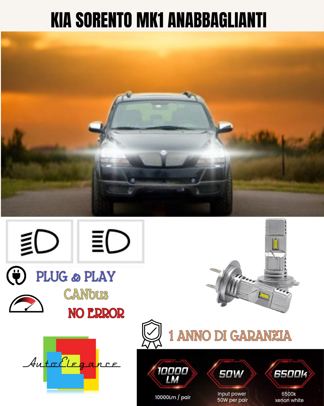 💕 FULL LED KIT KIA SORENTO MK1 H7 6000K WHITE 6000 LUMEN LOW BEAM 💕