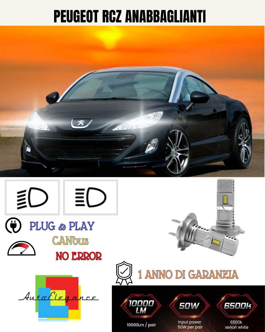 💕 FULL LED KIT PEUGEOT RCZ H7 6000K WHITE 6000 LUMEN LOW BEAM 💕