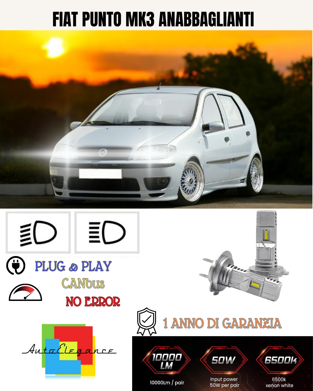 💕 KIT FULL LED FIAT PUNTO MK3 H7 6000K BIANCO 6000 LUMEN ANABBAGLIANTI 💕