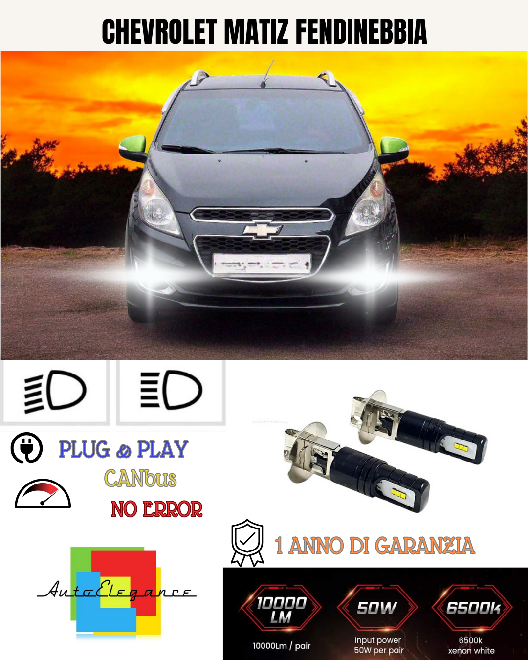 🔥KIT LED H3 CHEVROLET MATIZ 6000K BIANCO FENDINEBBIA 🔥