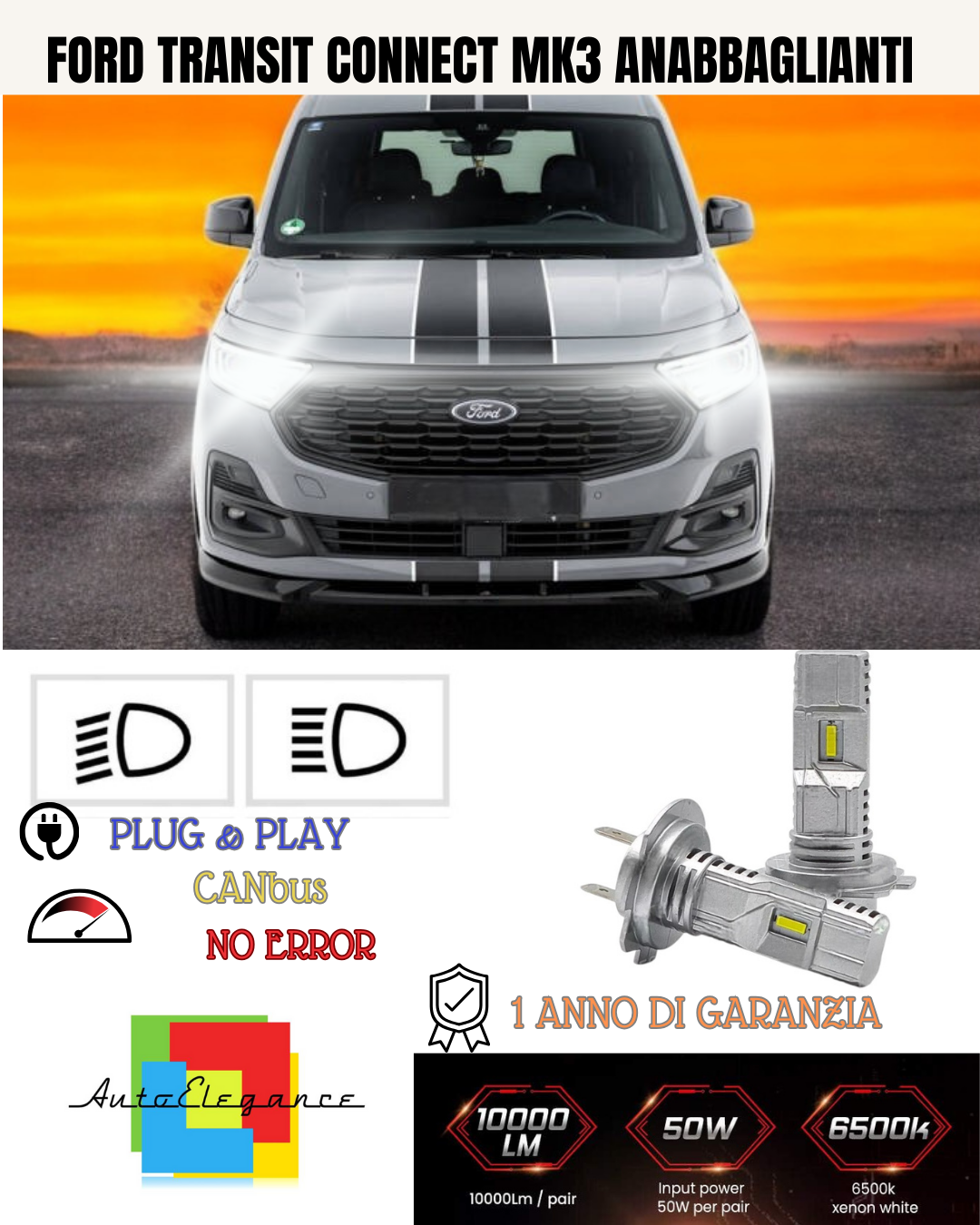 💕 KIT FULL LED FORD TRANSIT CONNECT H7 6000K BIANCO 6000 LUMEN ANABBAGLIANTI 💕