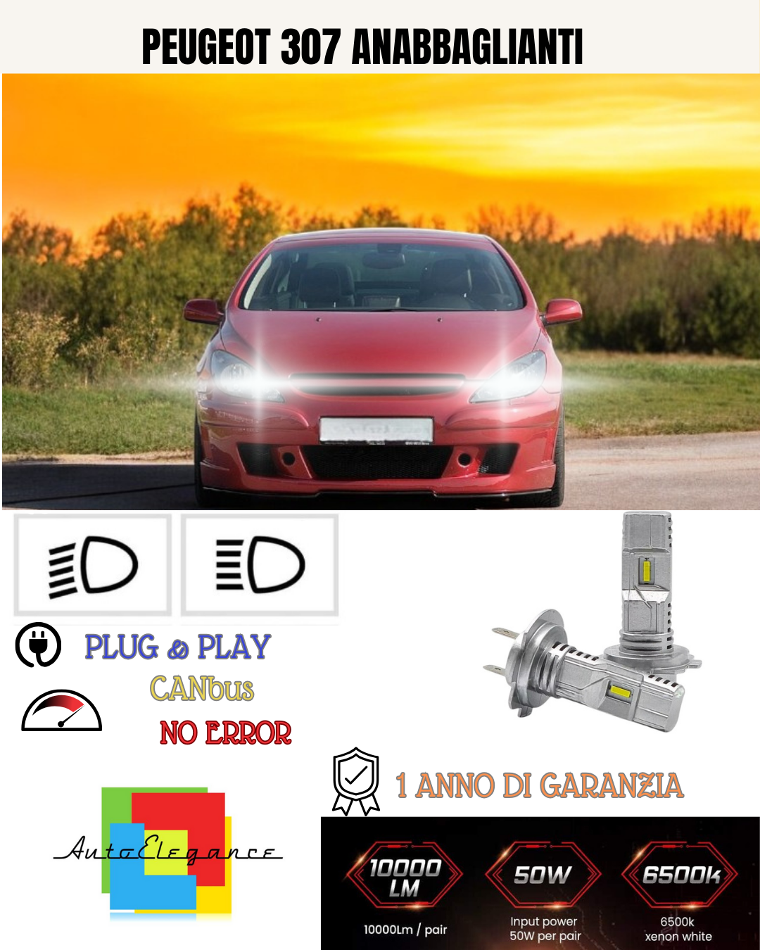 💕 KIT FULL LED PEUGEOT 307 H1 6000K BIANCO ANABBAGLIANTI 💕