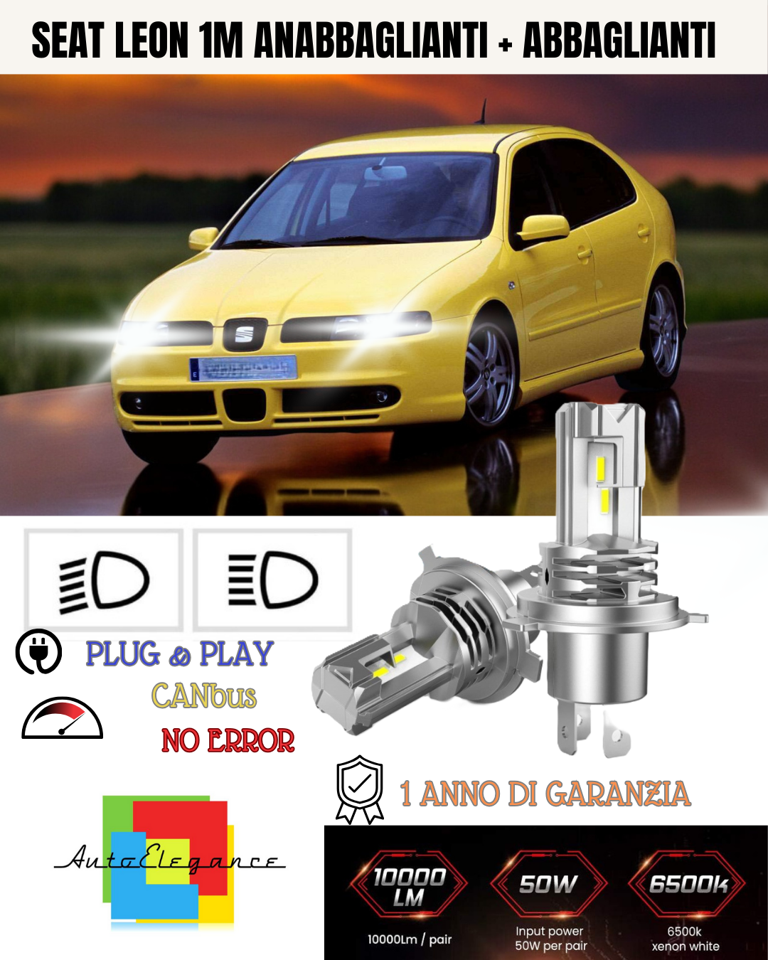 KIT LED H7 PER SEAT LEON 1M 6000K BIANCO 6000 LUMEN CANBUS ANABBAGLIANTI