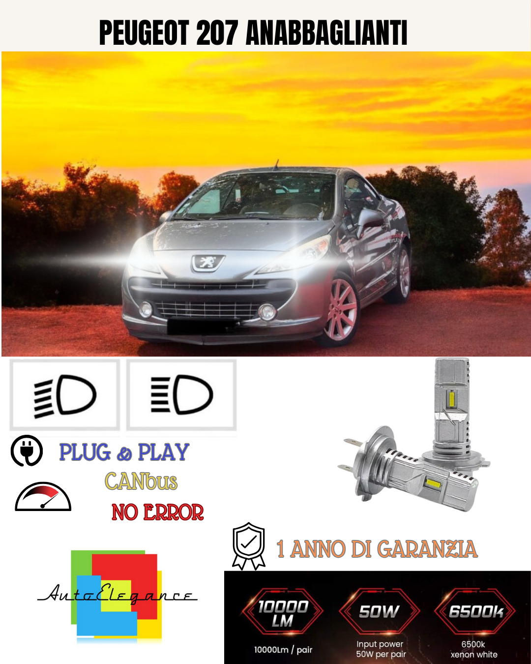 💕 KIT FULL LED PEUGEOT 207 H7 6000K BIANCO ANABBAGLIANTI 💕