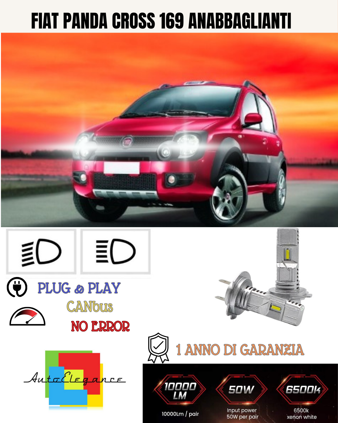💕 KIT FULL LED FIAT PANDA CROSS 169 H7 6000K BIANCO ANABBAGLIANTI 💕