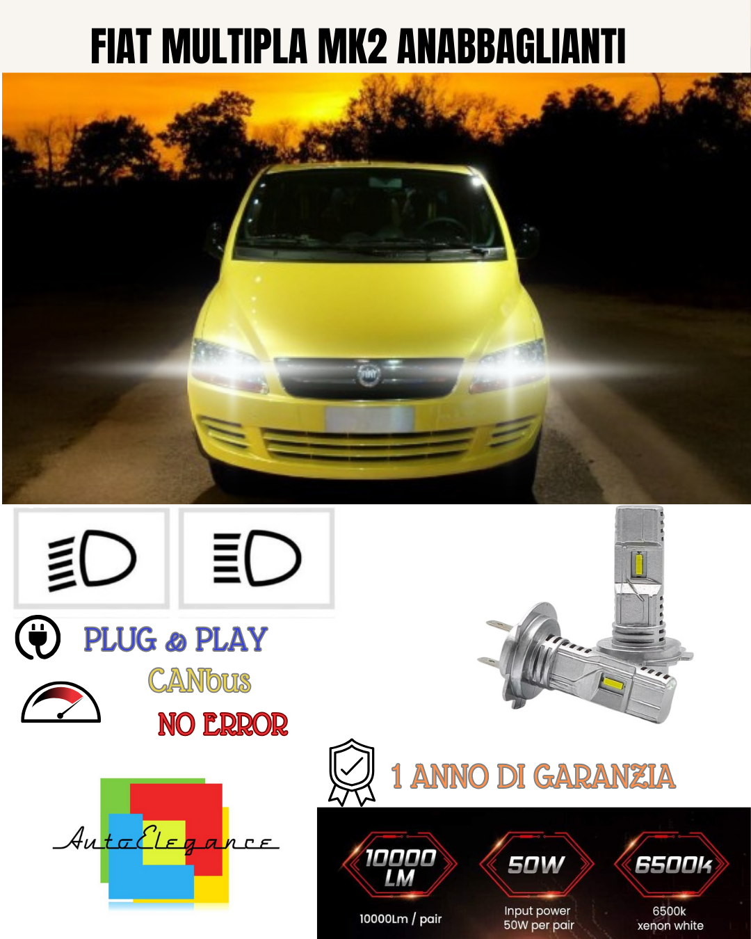 💕 FIAT MULTIPLA MK2 H7 6000K WHITE LOW BEAM FULL LED KIT 💕