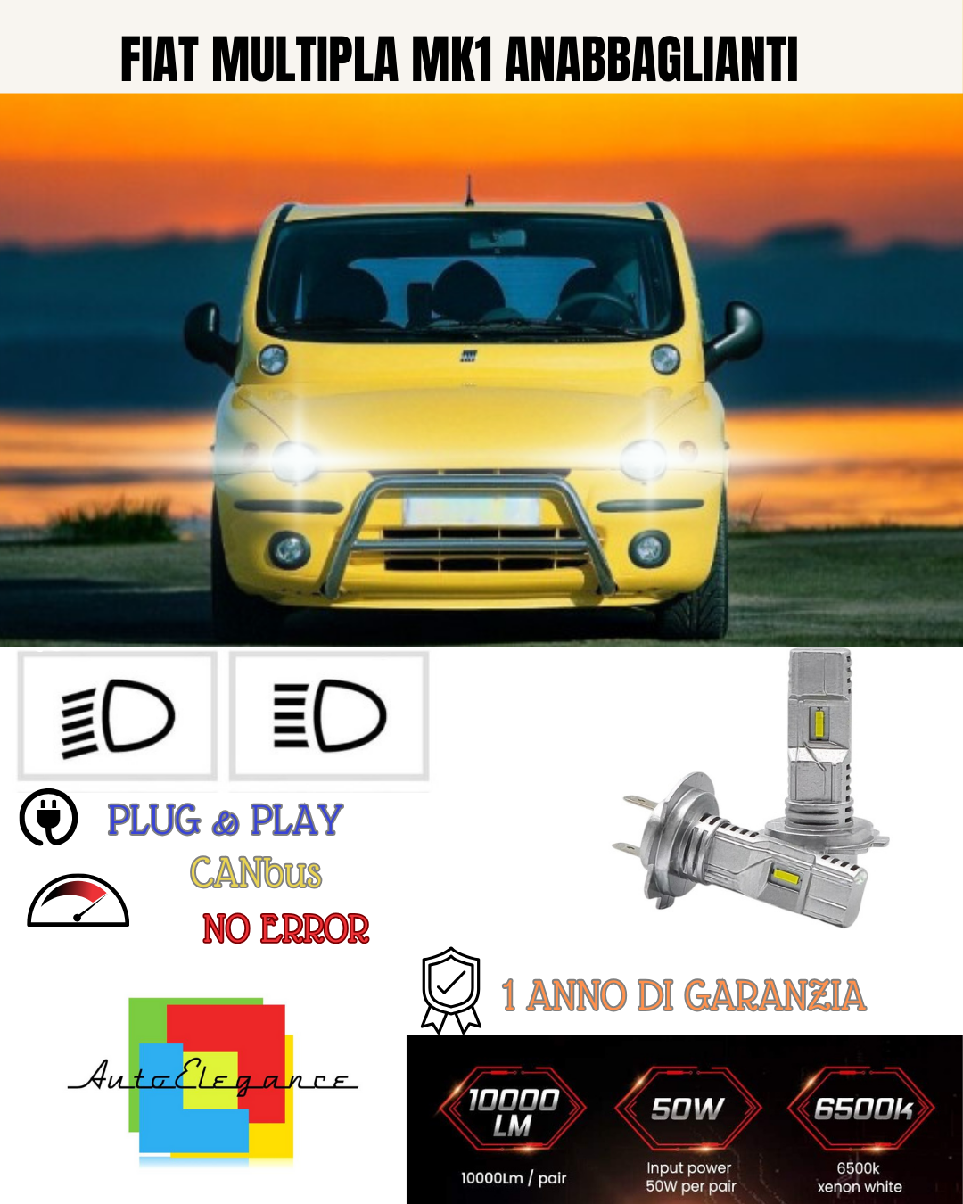 💕 KIT FULL LED FIAT MULTIPLA MK1 H7 6000K BIANCO ANABBAGLIANTI 💕