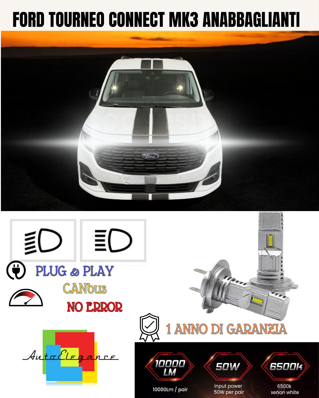 💕 KIT FULL LED FORD TOURNEO CONNECT H7 6000K BIANCO 6000 LUMEN ANABBAGLIANTI 💕
