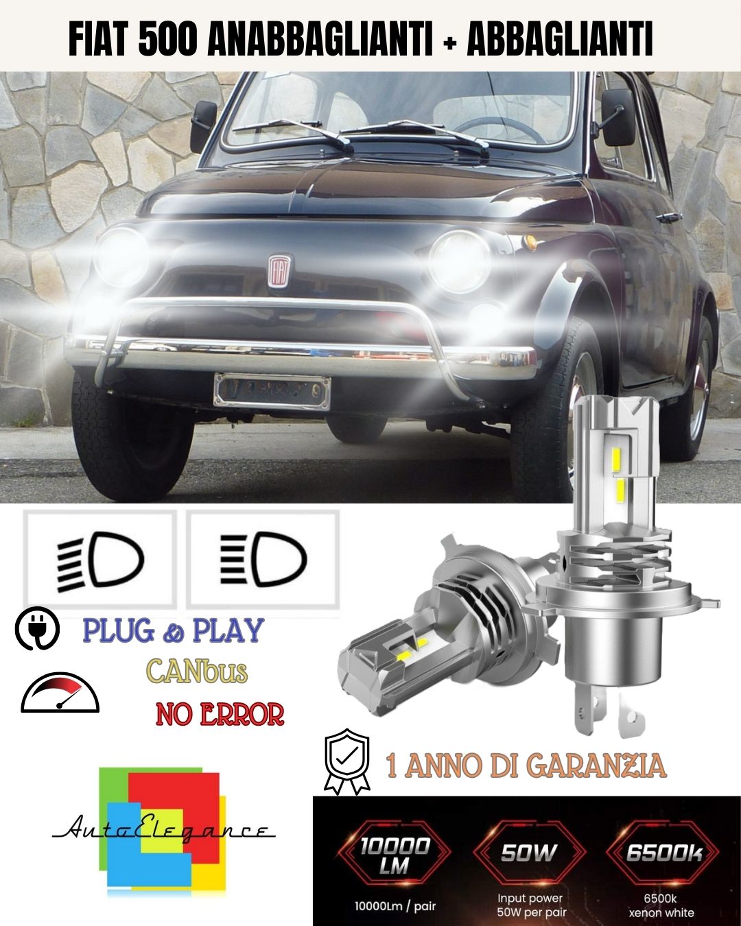 Kit Luci LED H4 Per FIAT 500 d' Epoca 36-75 ANABBAGLANTI + ABBAGLIANTI CANBUS