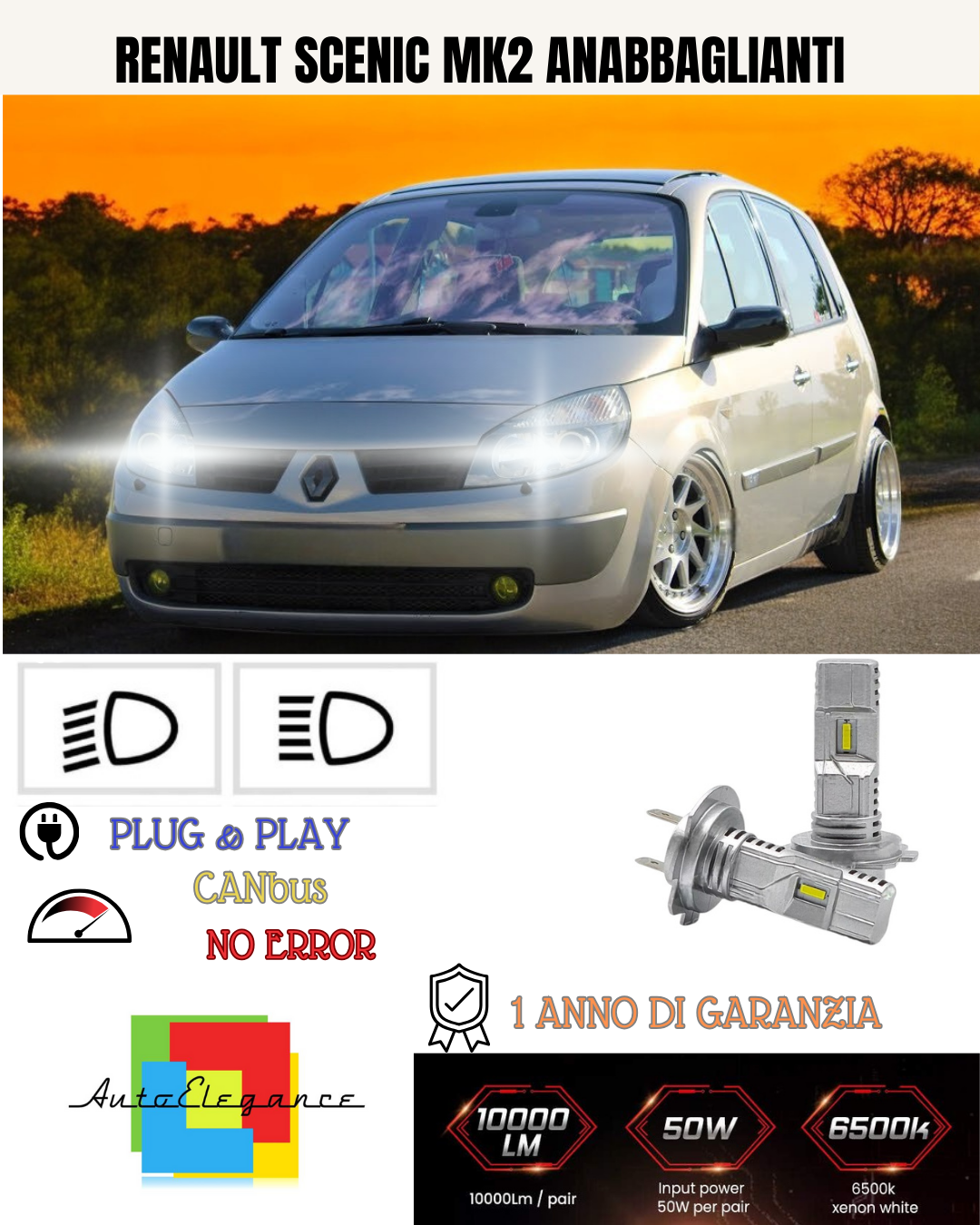 💕 KIT FULL LED RENAULT SCENIC MK2 H7 6000K BIANCO 6000 LUMEN ANABBAGLIANTI 💕