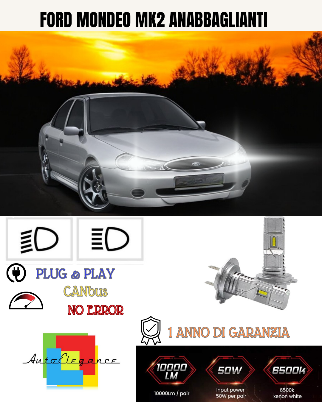 💕 KIT FULL LED FORD MONDEO MK2 H7 6000K BIANCO ANABBAGLIANTI 💕