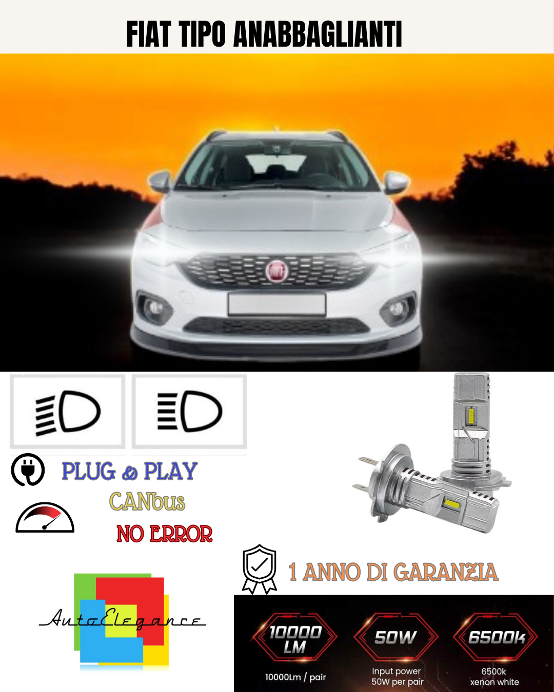 💕 KIT FULL LED FIAT TIPO H7 6000K BIANCO ANABBAGLIANTI 💕