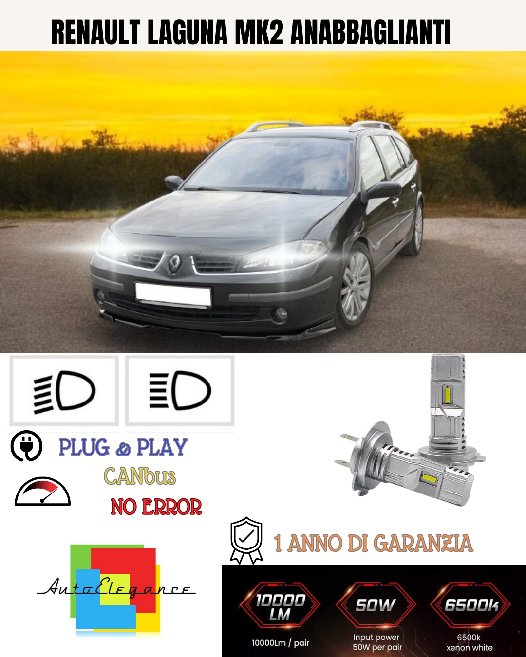 💕 KIT FULL LED RENAULT LAGUNA MK2 H7 6000K BIANCO ANABBAGLIANTI 💕