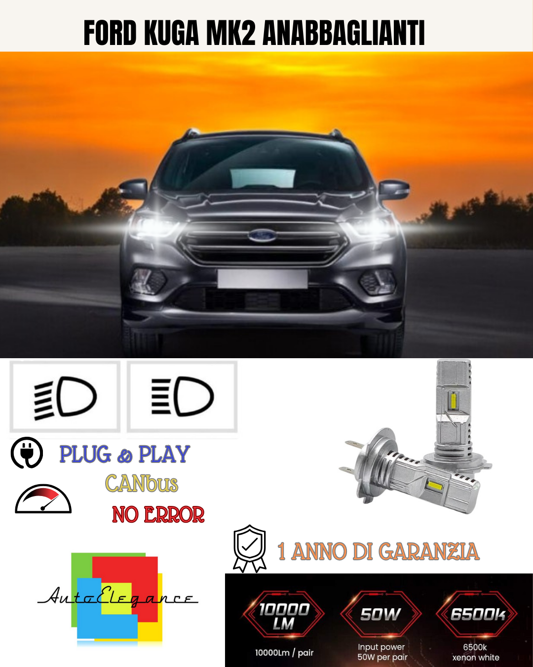 💕 KIT FULL LED FORD KUGA MK2 H7 6000K BIANCO ANABBAGLIANTI 💕