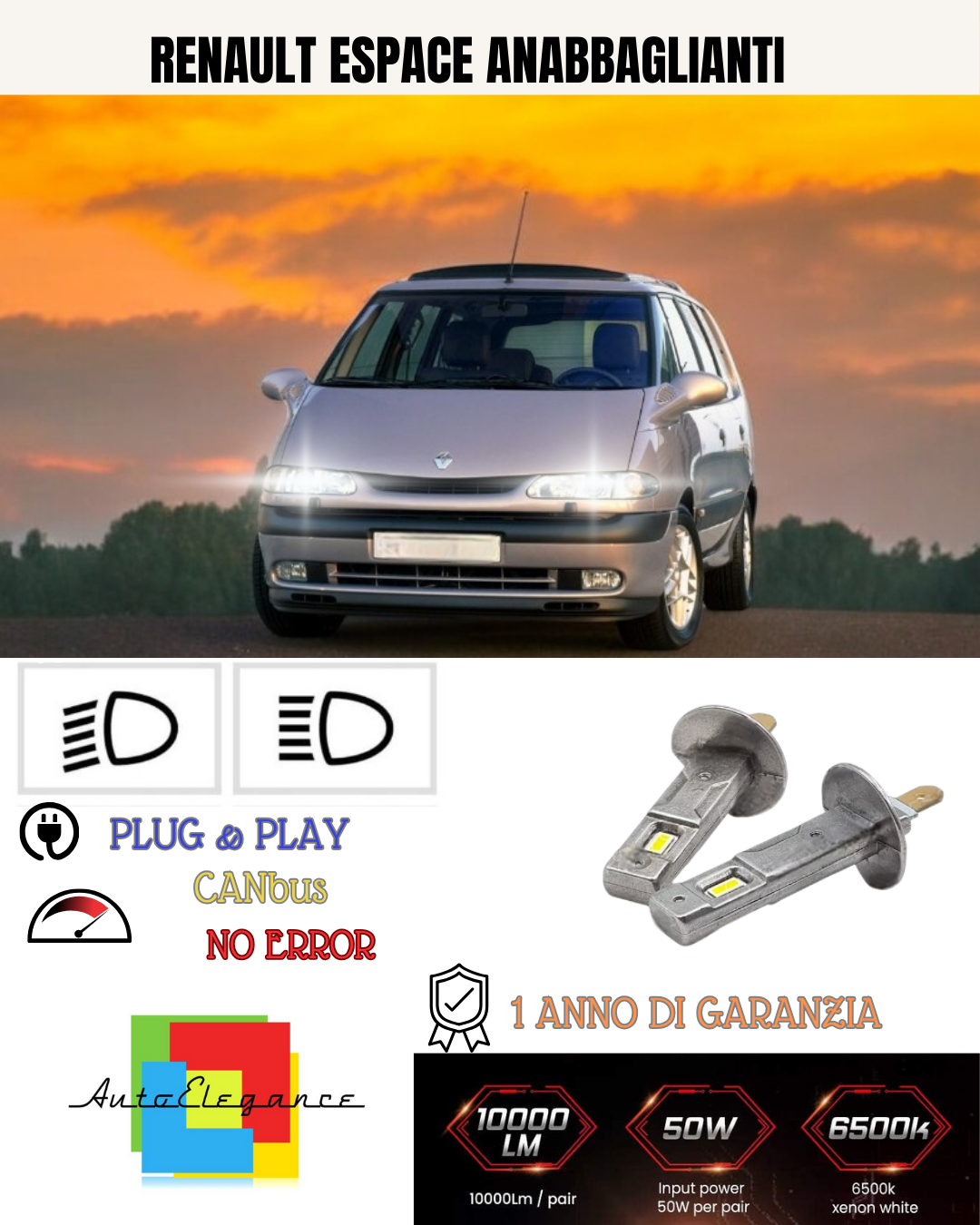 💕 KIT LED RENAULT ESPACE 3 H1 6000K BIANCO ANABBAGLIANTI 💕