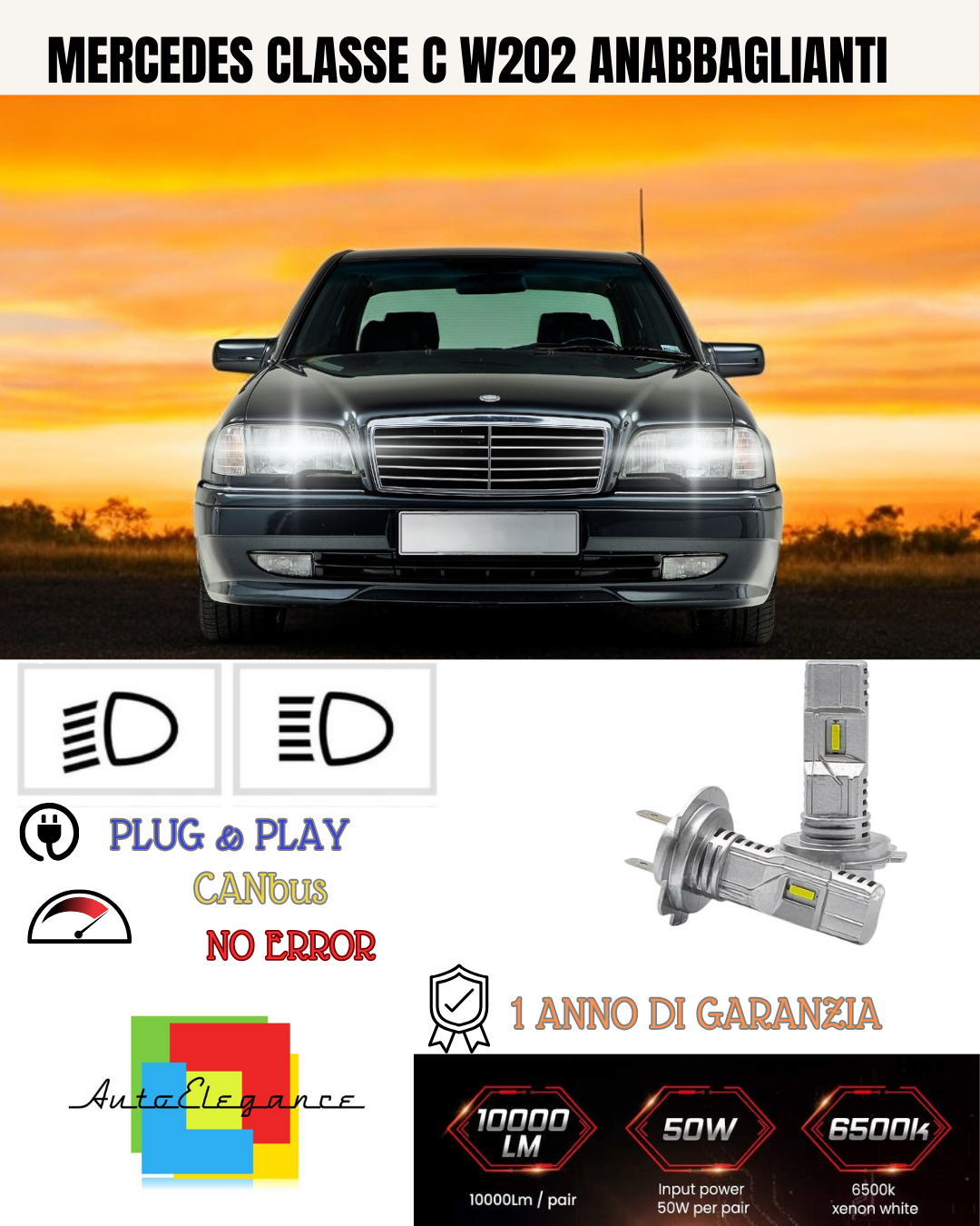 💕 KIT LED MERCEDES CLASSE C W202 H7 6000K BIANCO ANABBAGLIANTI 💕