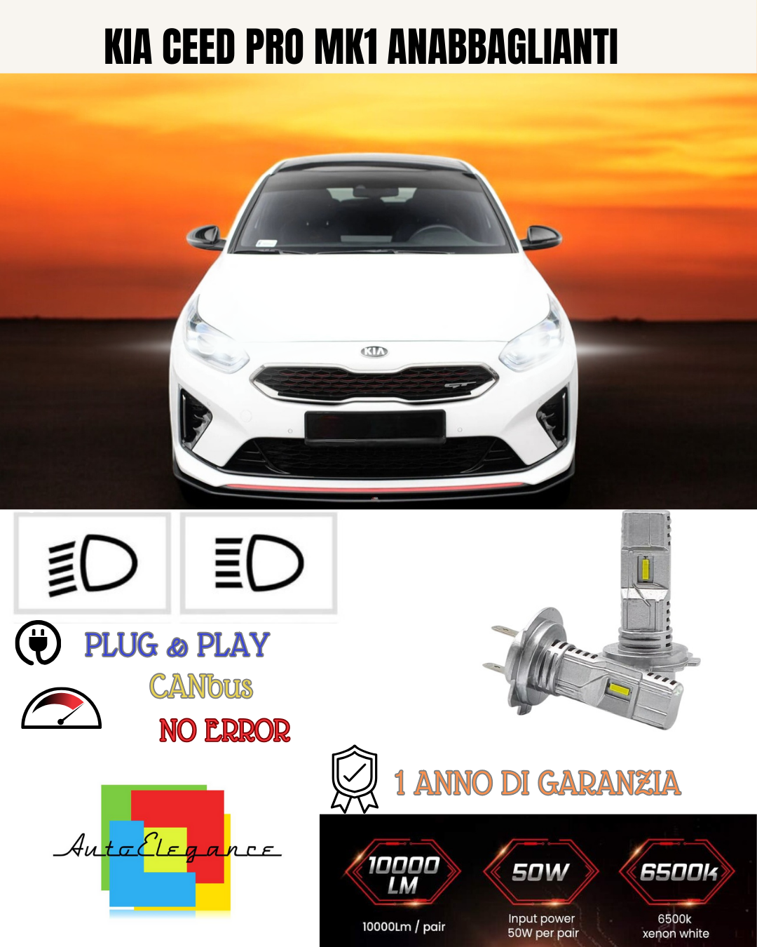 💕 KIT LED KIA CEED PRO MK1 H7 6000K BIANCO ANABBAGLIANTI 💕
