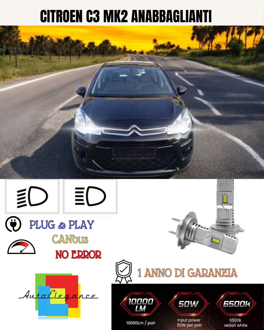 💕 KIT LED CITROEN C3 MK2 H7 6000K BIANCO ANABBAGLIANTI 💕