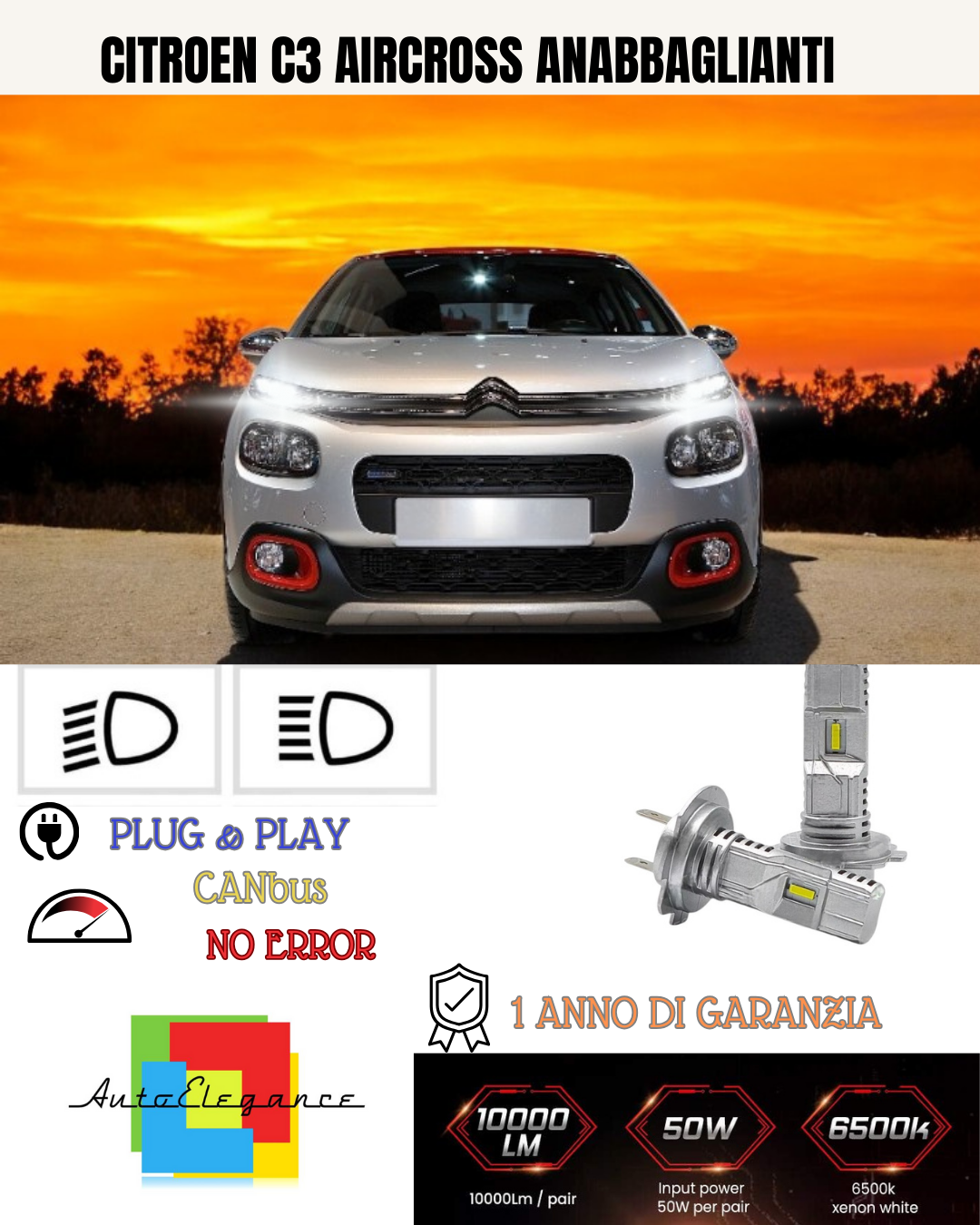 💕 KIT LED CITROEN C3 AIRCROSS H7 6000K BIANCO ANABBAGLIANTI 💕