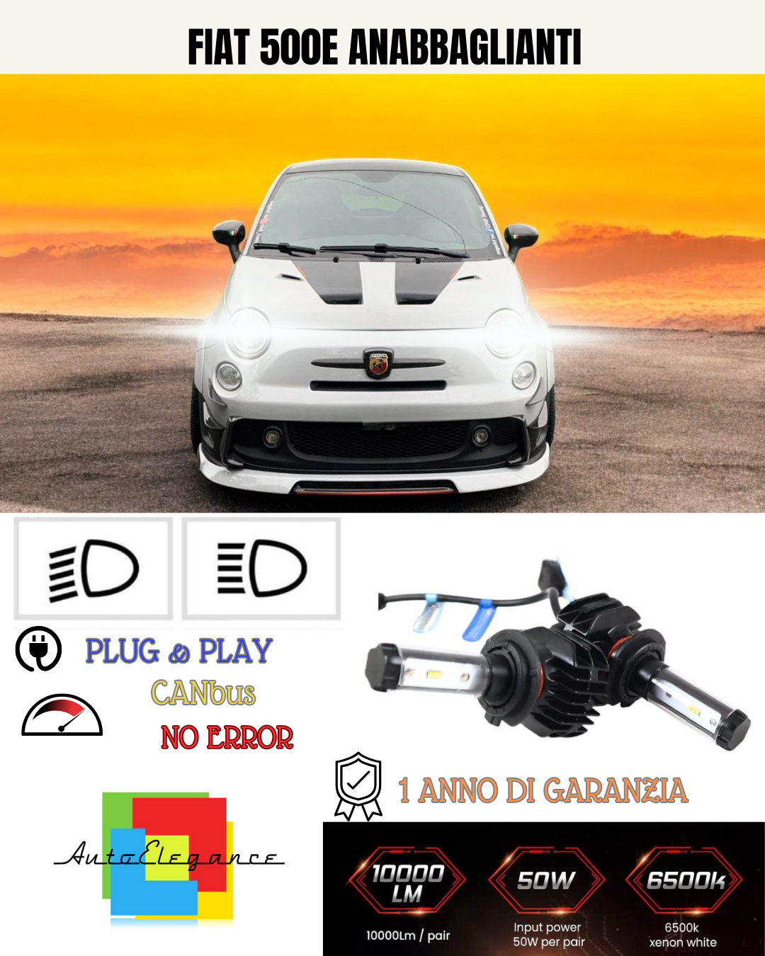 💕 KIT LAMPADE LED H19 ANABBAGLIANTE FIAT 500E 6000K 18000 LUMEN 💕