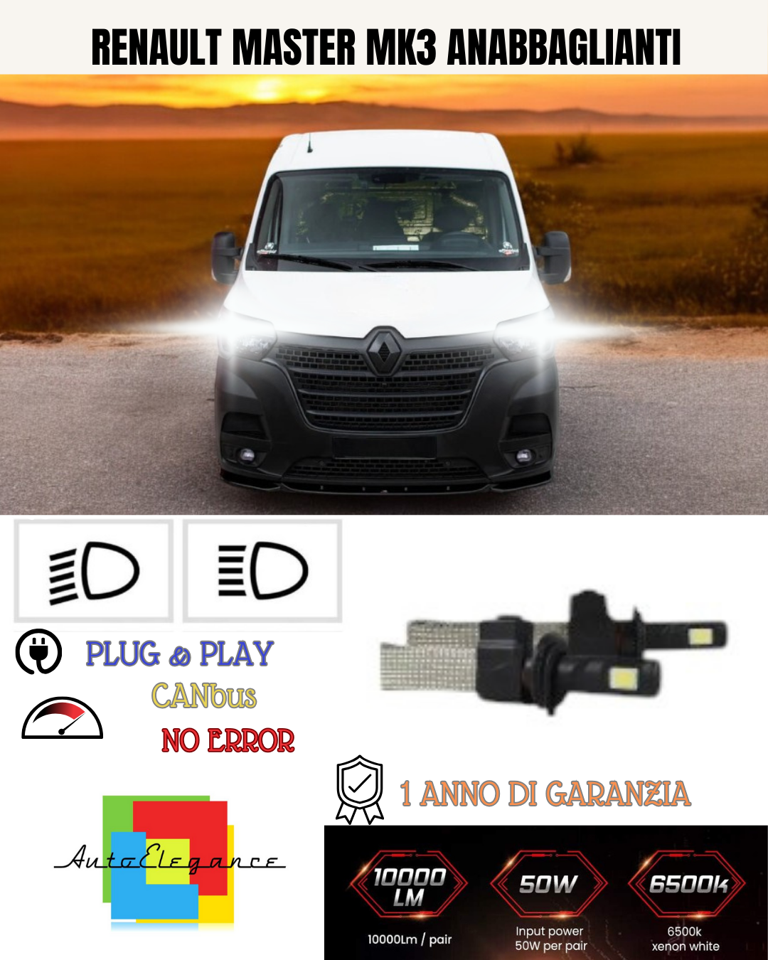 💕 KIT LED H7 ANABBAGLIANTE RENAULT MASTER MK3 6400 LUMEN 6000K 💕