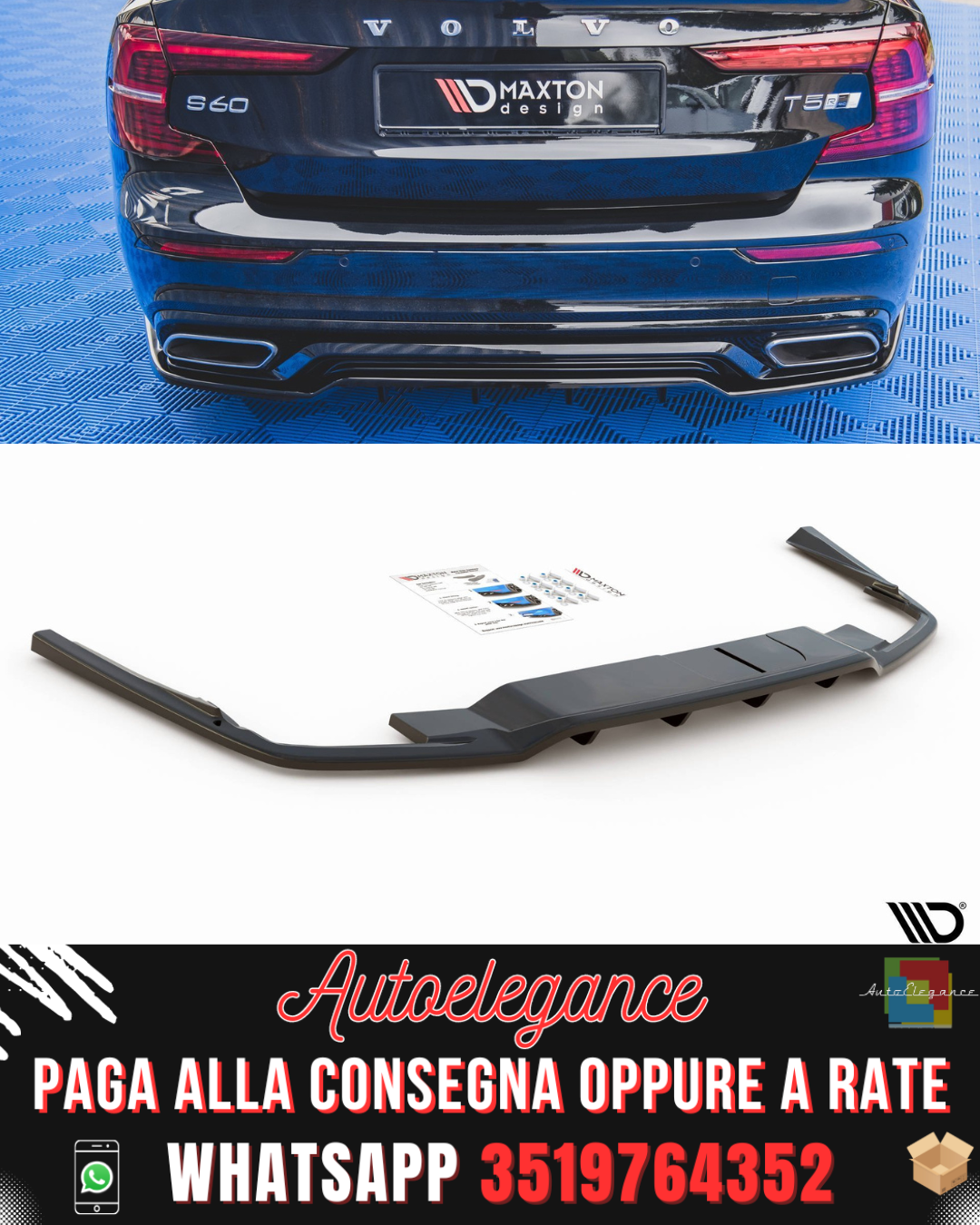 SPLITTER POSTERIORE CENTRALE (CON BARRE VERTICALI) adatto per VOLVO S60/V60 R-DESIGN MK3